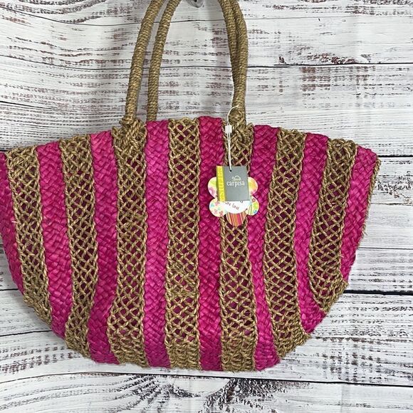 Carpisa Beach Tote straw rattan Striped large Bag New Vacation Resort Pool - Picture 1 of 10